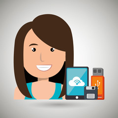 woman with smartphone and storage devices  isolated icon design, vector illustration  graphic 