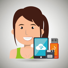 woman with smartphone and storage devices  isolated icon design, vector illustration  graphic 