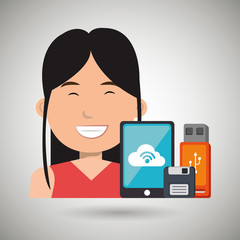 woman with smartphone and storage devices  isolated icon design, vector illustration  graphic 