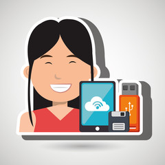 woman with smartphone and storage devices  isolated icon design, vector illustration  graphic 