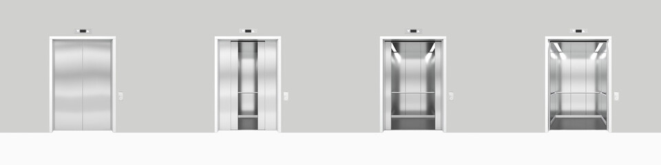 Set open and closed chrome metal office building elevator doors realistic 3d illustration.