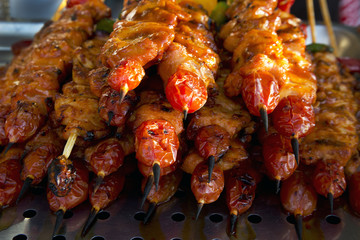 Delicious grilled chicken meat and vegetable kebabs