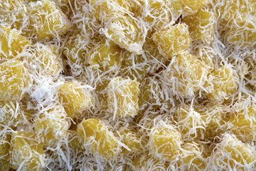 Traditional Thai dessert (Potato Ball Coconut flake). Boiled potato graced with coconut, Thai sweet