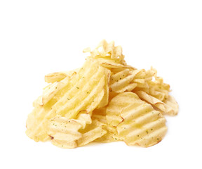 Pile of multiple potato chips isolated