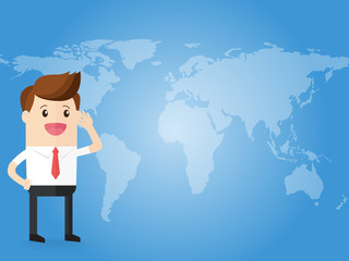 businessman listening feedback or comment on world map background