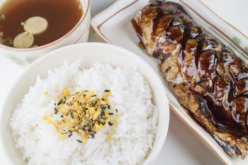 Japanese food set, Saba grilled, rice, furikake, miso soup