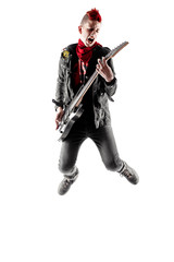 Fototapeta premium Wild teen boy with red haired mohawk playing guitar while jumping. Isolated