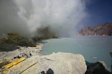 Sulfur mine Inside crater of Ijen volcano, East Java, Indonesia
