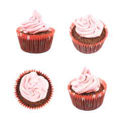 Chocolate muffin with pink cream isolated