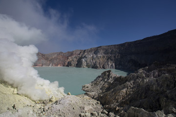 Sulfur mine Inside crater of Ijen volcano, East Java, Indonesia