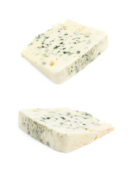 Slice of a blue roquefort cheese isolated