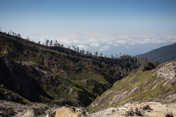 View from the tropical forest with path to the volcano Kawah Ije