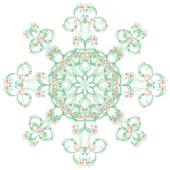 Curly pattern of flowers and petals on the green background