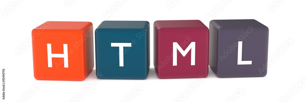 Wall mural html headline from colored cubes on white background. word html for caption or page header