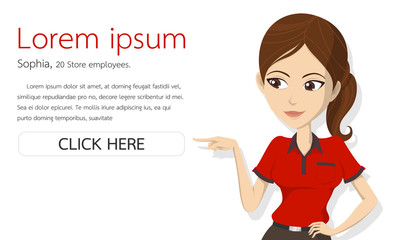 woman assistant in red shirt point to click button vector charac