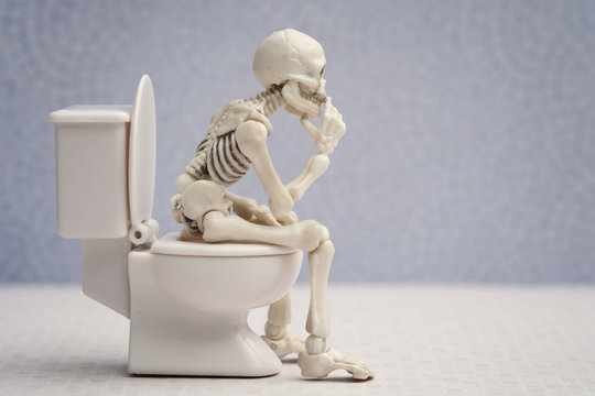 Skeleton thinking pose while sitting on water closet