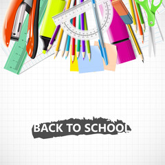 Stationery equipment. Back to school background with blackboard and school supplies.Stationery equipment. Office and school supplies. Vector realistic illustration 
