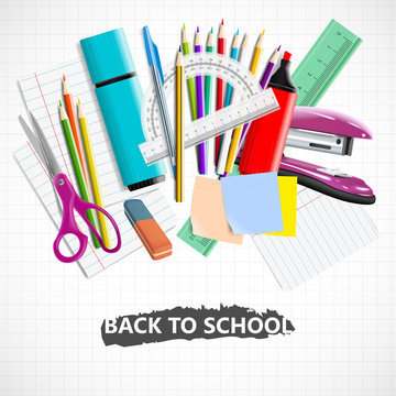Stationery equipment. Back to school background with blackboard and school supplies.Stationery equipment. Office and school supplies. Vector realistic illustration 