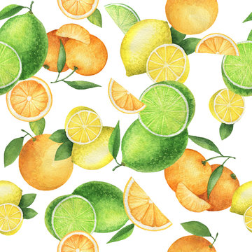 Watercolor seamless pattern with juicy oranges, mandarins, lemons and lime.