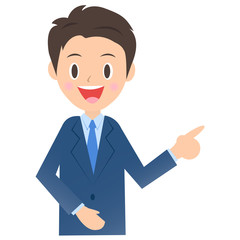 横を指差して説明するビジネスマン、男性会社員のイラスト素材