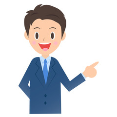 横を指差すビジネスマン、男性会社員のイラスト素材