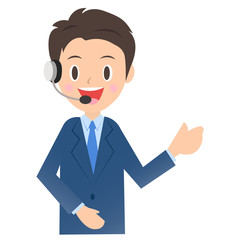 ヘッドセットをつけたビジネスマン、男性会社員のイラスト素材