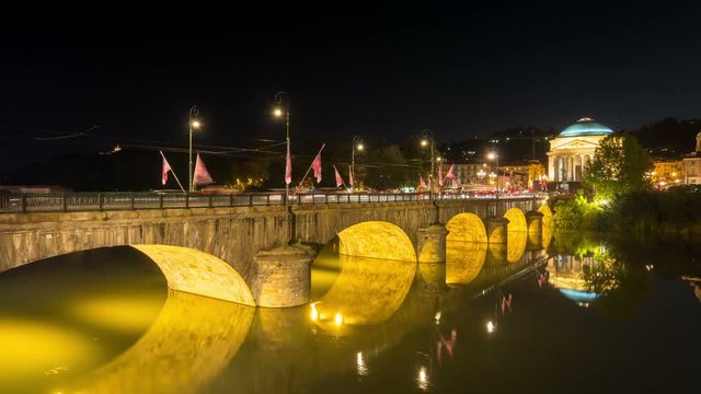 traffic timelapse over vittorio emanuele bridge turin great mother of god gran madre di dio church in the background zoom out