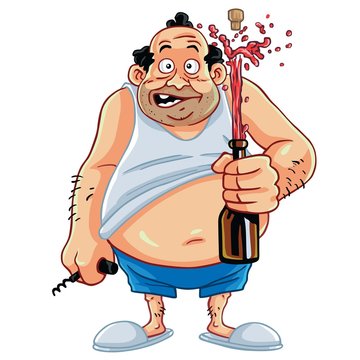 Cartoon Character : Fat Man Opening Champagne Bottle