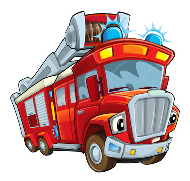 Cartoon funny firetruck - isolated - caricature - illustration for children