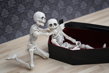 Selfie, skeleton self portrait with his dead friend in the coffin
