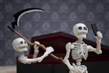 Selfie, self portrait in front of the reaper in the coffin