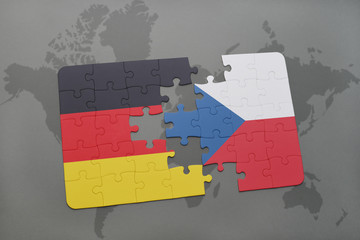 puzzle with the national flag of germany and czech republic on a world map background.