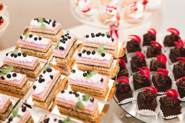 Different kinds of baked sweets on a buffet