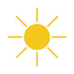 Sun icon. Light sign with sunbeams. yellow design element, isolated on white background. Symbol of sunrise, heat, sunny and sunset, sunlight. Flat modern style for weather forecast Vector Illustration