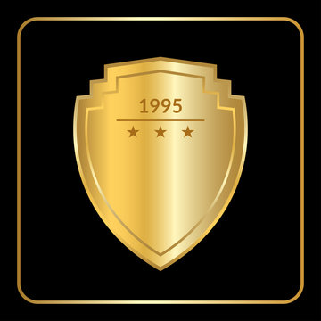 Gold shield emblem icon. Golden sign silhouette, isolated on black background. Symbol of trophy, heraldic award, royal security. Heraldic label. Logo design decoration. Flat style. Vector illustration