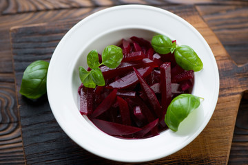 Close-up of a glass plate with sliced beetroot