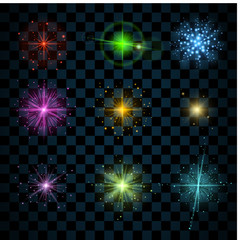 Shine stars with glitters and sparkles icons set. Effect twinkle, glare, scintillation element sign, graphic light. Transparent design elements on dark background. Varied template. Vector illustration