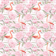 Naklejka premium Pink flamingo, peony flowers, hand written text. Seamless pattern. Watercolor