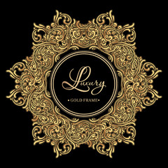 Luxury golden vintage frame with curls and vignettes in the style of Baroque on black background. Vector