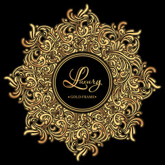 Luxury golden vintage frame with curls and vignettes in the style of Baroque on black background. Vector
