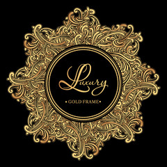 Luxury golden vintage frame with curls and vignettes in the style of Baroque on black background. Vector