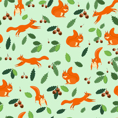 The pattern of squirrels jump, sit on a green background with leaves and acorns