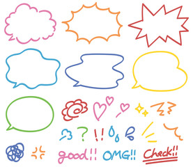 カラフルなペンで描いたような手書き風ふきだし・感情アイコン　セット素材・白背景