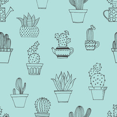 Hand drawn seamless pattern with cute cactus in simple style. Cute cartoon potted cacti pattern. Vector illustration.