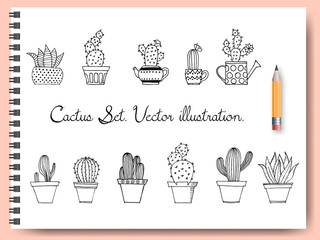 Cactus set in simple hand drawn style. Cute doodle potted cacti collection. Decorative houseplants. Vector illustration.