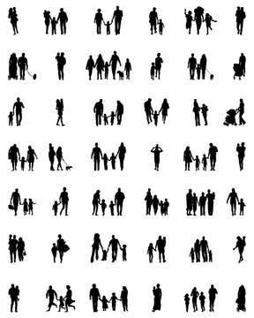 Black silhouettes of families in walking, vector