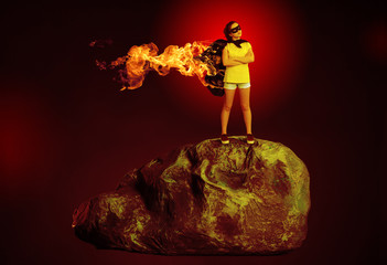 Girl super hero flying on a fiery meteorite.