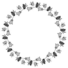 Elegant round frame with bluebells and butterfly. Design element for advertisements, flyer, web, wedding and other invitations or greeting cards.Vector clip art.