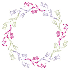 Fototapeta na wymiar Elegant color round frame with bluebells. Design element for advertisements, flyer, web, wedding and other invitations or greeting cards.Vector clip art.
