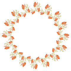 Elegant color round frame with bluebells and butterfly. Design element for advertisements, flyer, web, wedding and other invitations or greeting cards.Vector clip art.